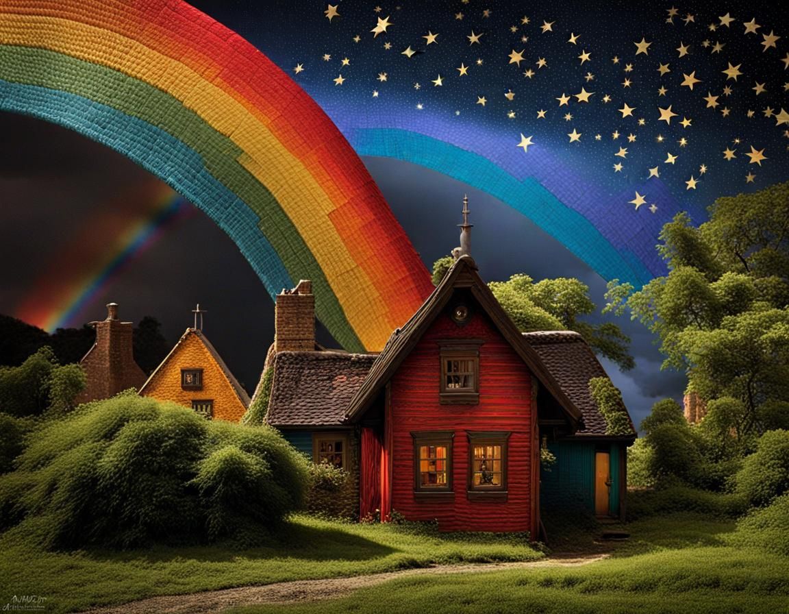 Knitted Rainbow with Embroidered Stars in Pointillism