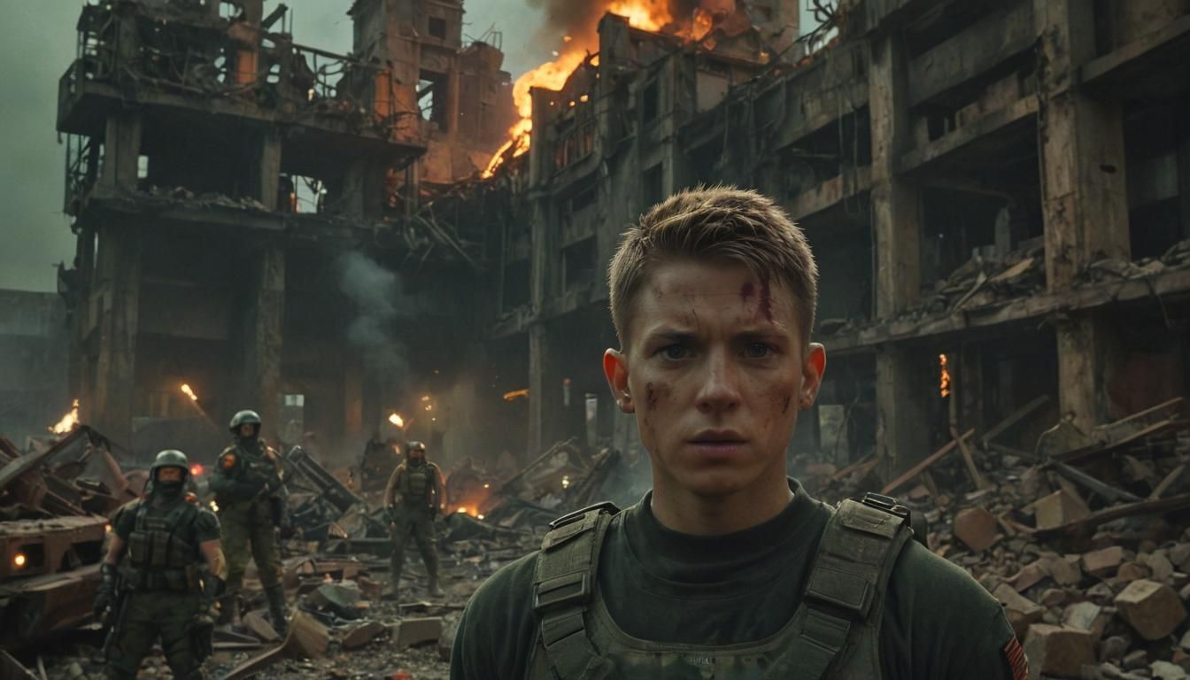 Small soldiers fighting with a massive, multi-legged, heavily armed war machine stands in the midst of a bombed-out fact...