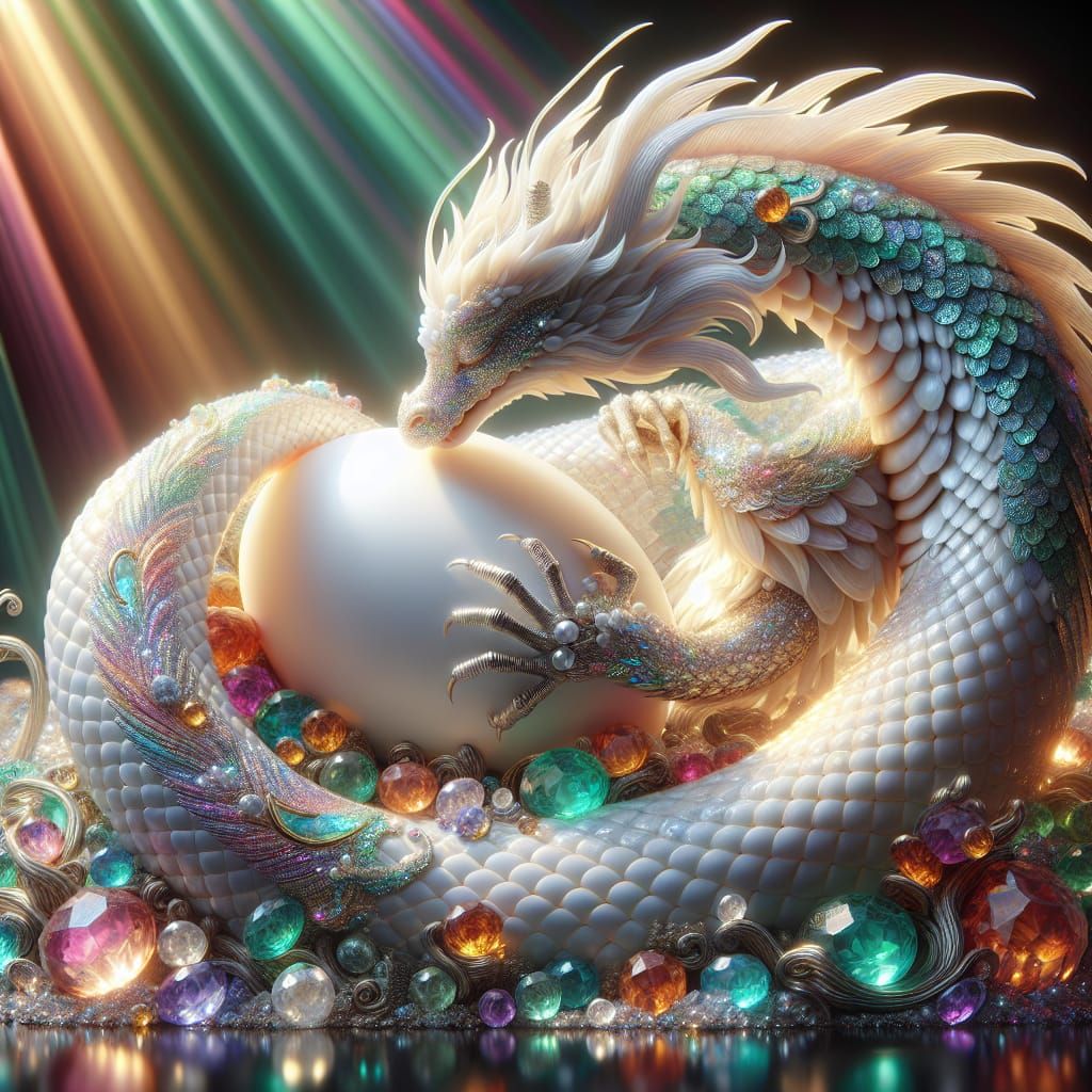 Pearlescent dragon mommy waiting for her egg to hatch