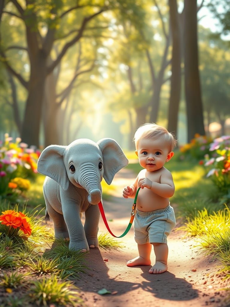 Whimsical Baby and Elephant in a Lush Park Scene, Candy Art ...
