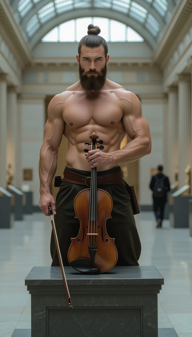 Muscular Man with Violin on Pedestal