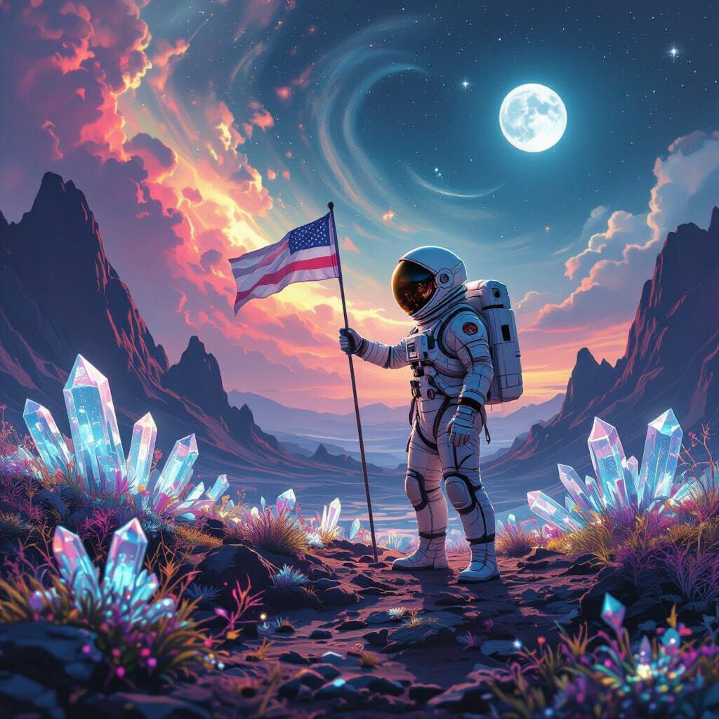 Astronaut Plants Flag on Alien World with Twin Moons