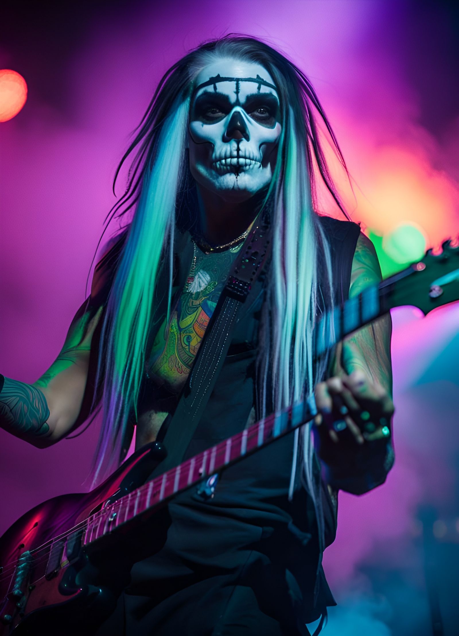 close-up, widescreen portrait, live concert, billowing fog machines through fast moving assortment colorful lights. "Hea...