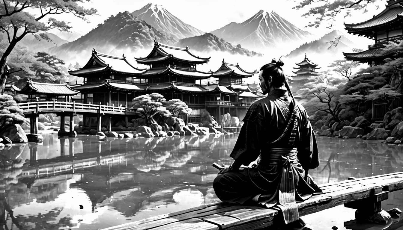 Samurai Meditation on Japanese Bridge in Dark Fantasy Style