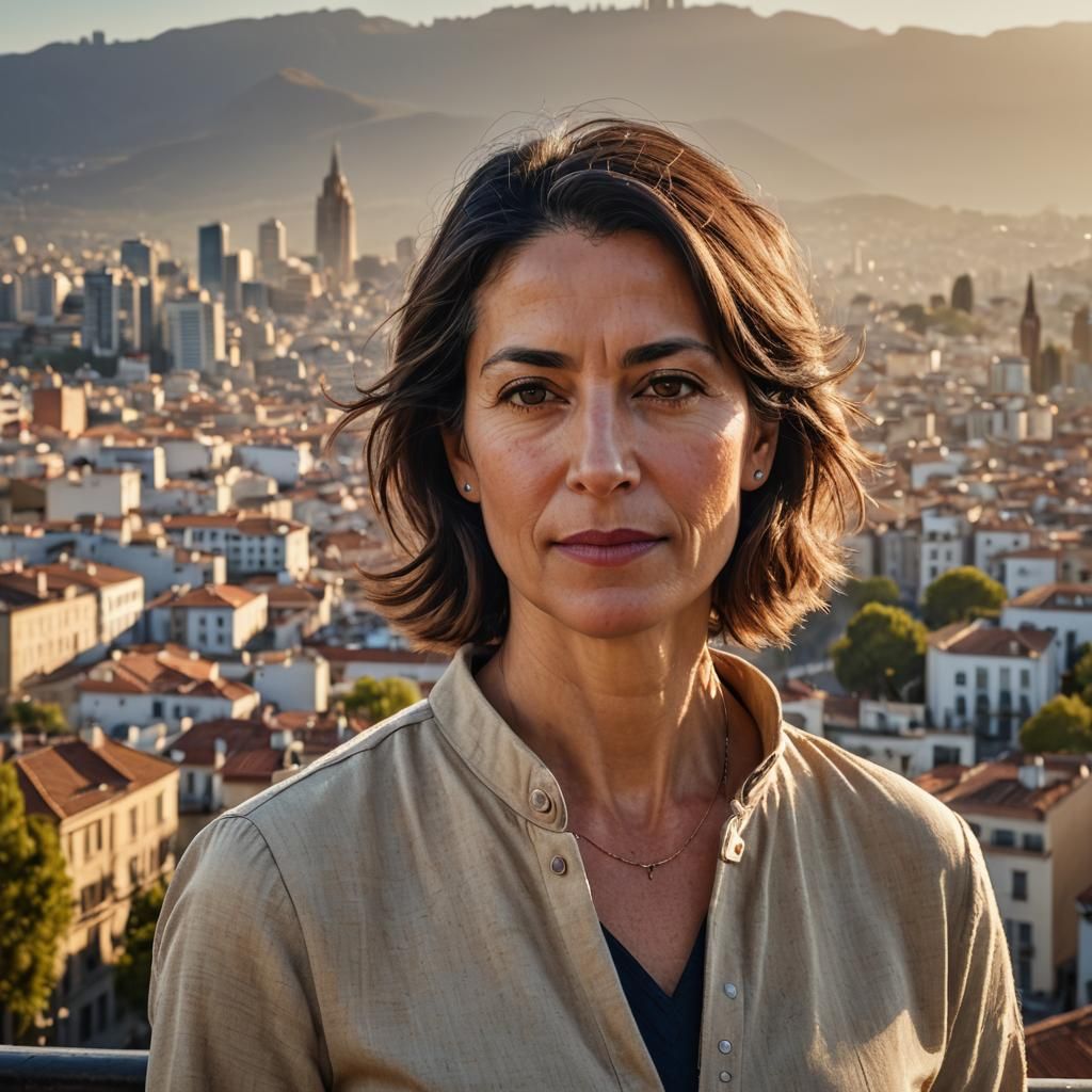 Photorealistic Portrait of Woman in Cityscape Setting