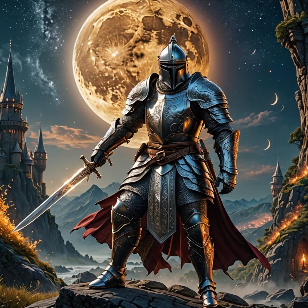 Dynamic Knight with Curved Sword in Moonlight