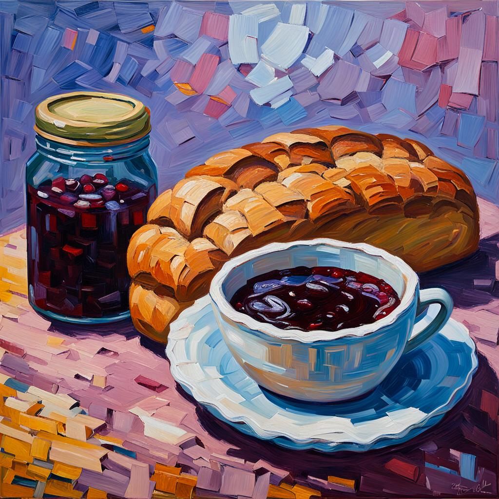 Impasto Still Life: Bread, Jam and Coffee