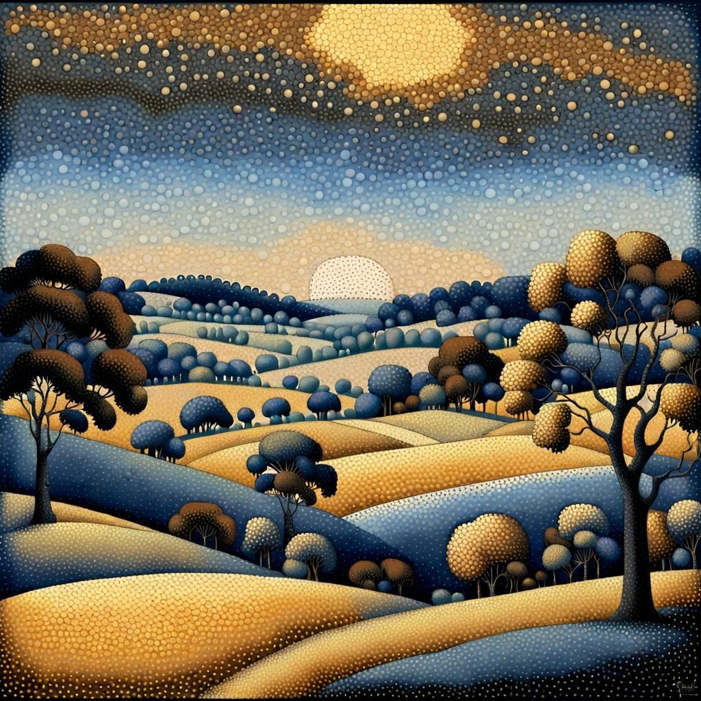 Pointillist Rural Landscape in Blue and Gold