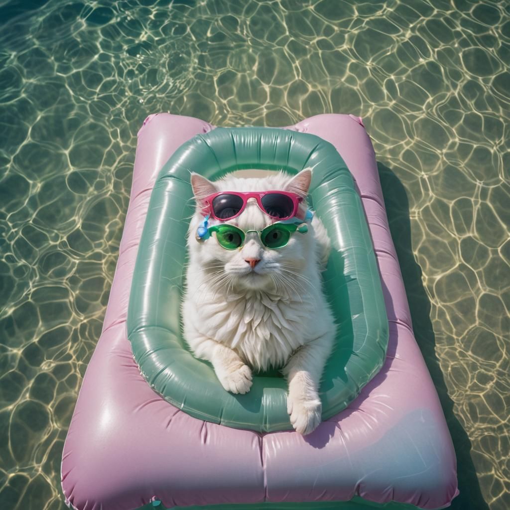 Fluffy Cat Lounging in the Sea with Sunglasses