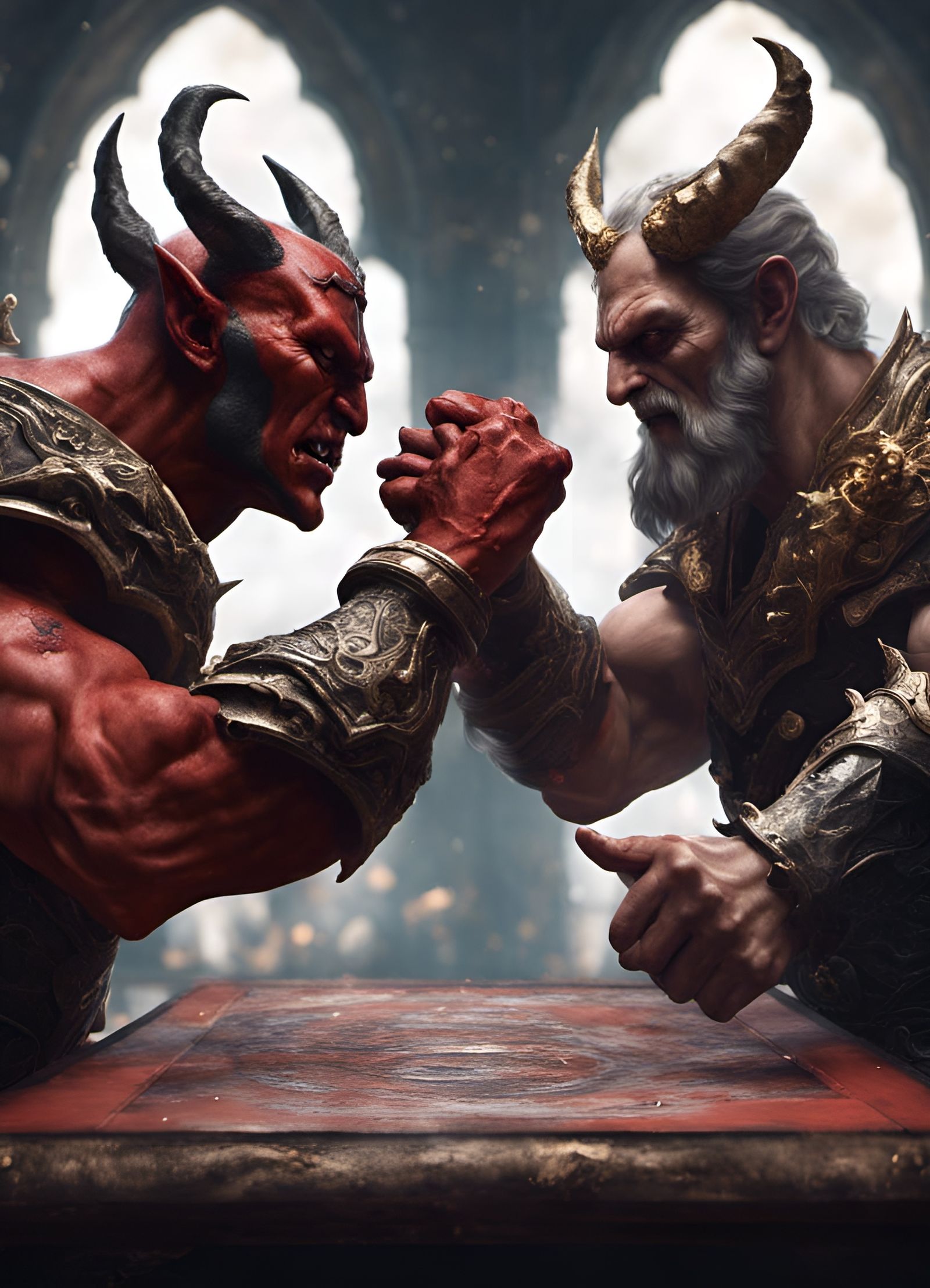 God and Devil Arm Wrestling in Detailed Matte Painting