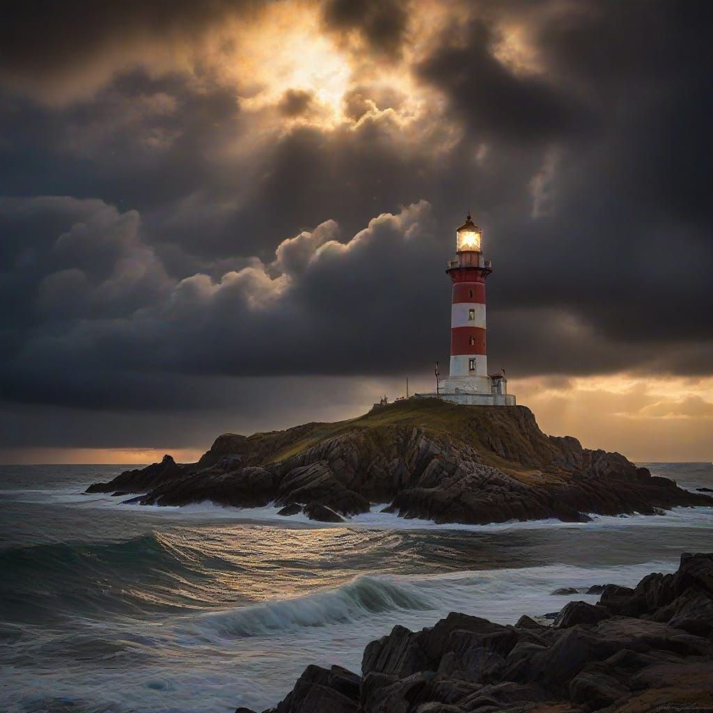 Solitary Lighthouse on Forgotten Island Under Moonlight