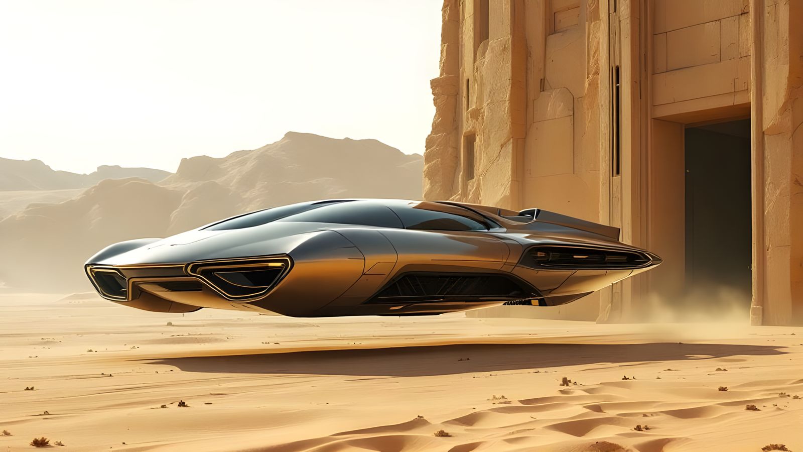 Futuristic Hovering Car in Windswept Desert Landscape