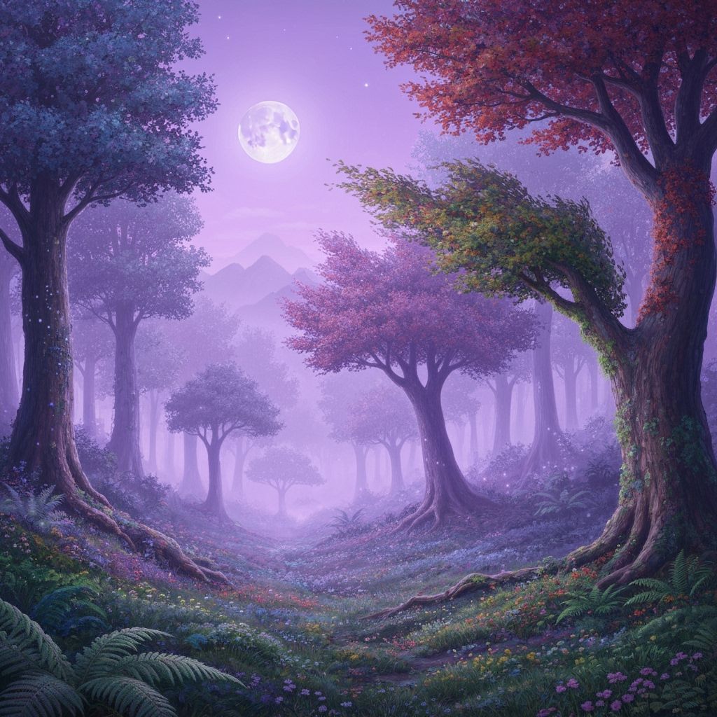 Lavender Moon Over Forest in Ethereal Style