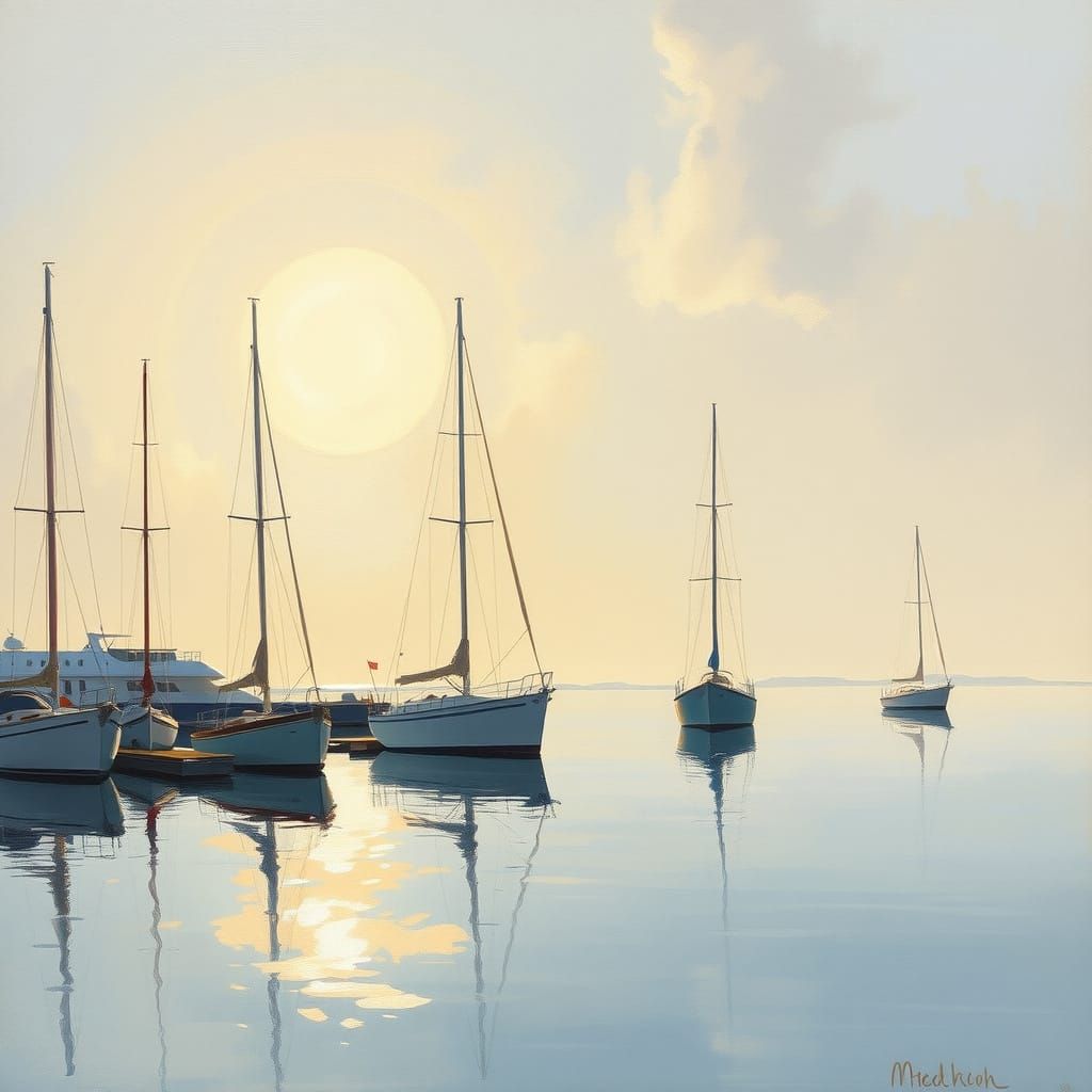 Impressionist Harbor Scene with Sailboats and Ships at Sunse...