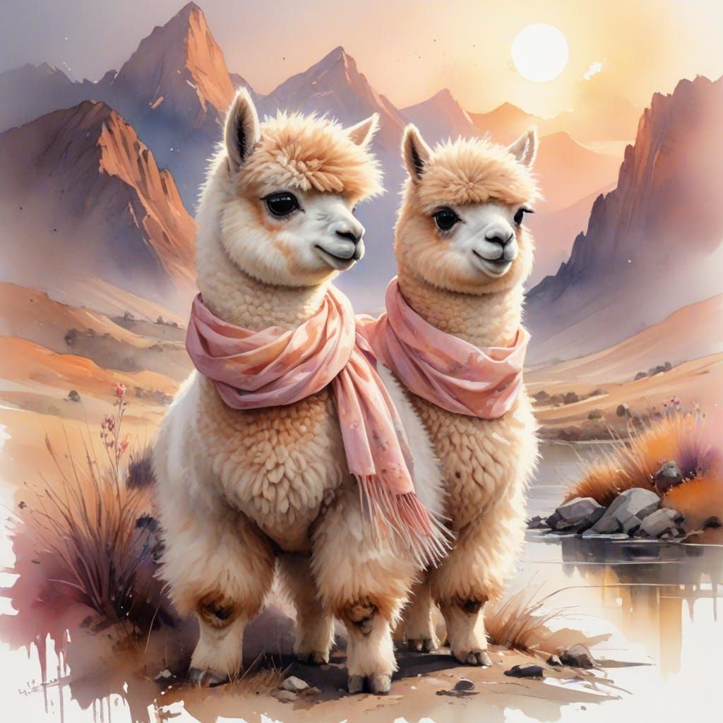 Kawaii Alpaca at Dawn in Watercolor Style