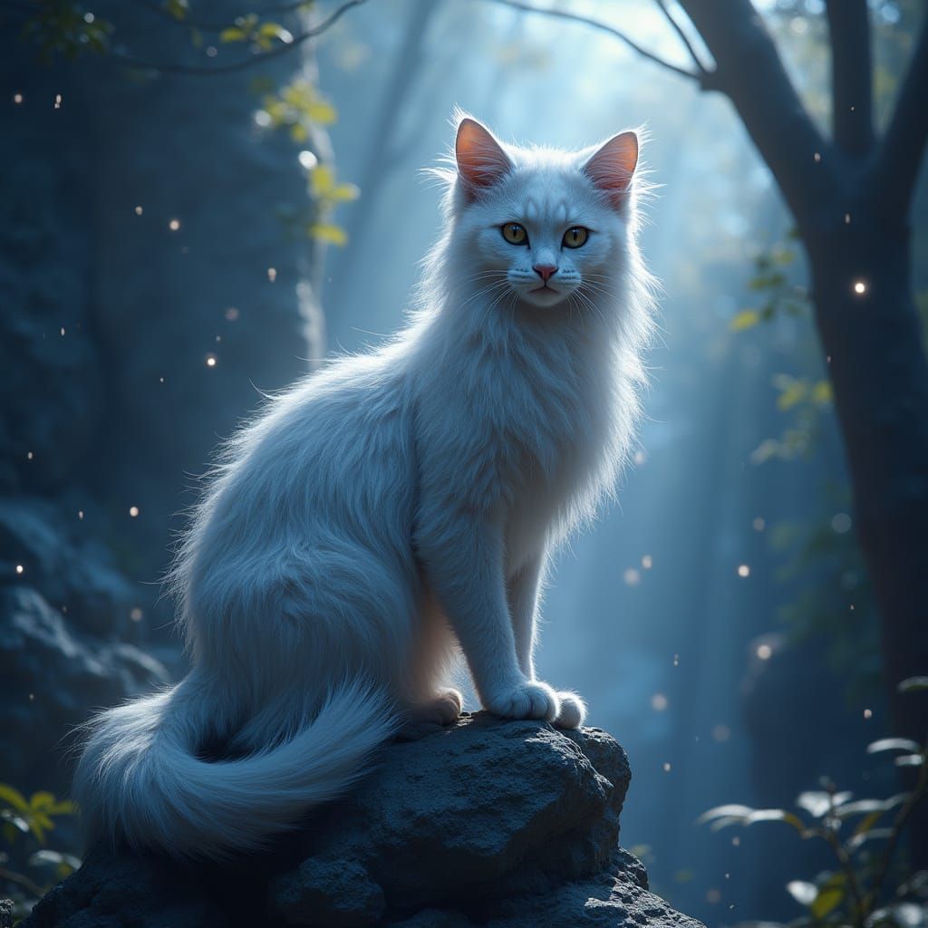 Magical Cat in Moonlight with Glistening Crystals