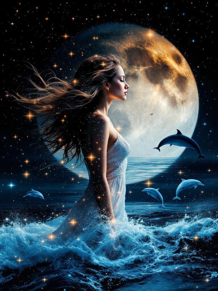 Sea, night, dolphins