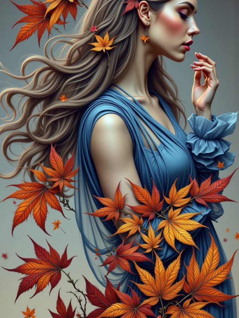 Autumn Goddess in Blue Dress Amidst Falling Leaves