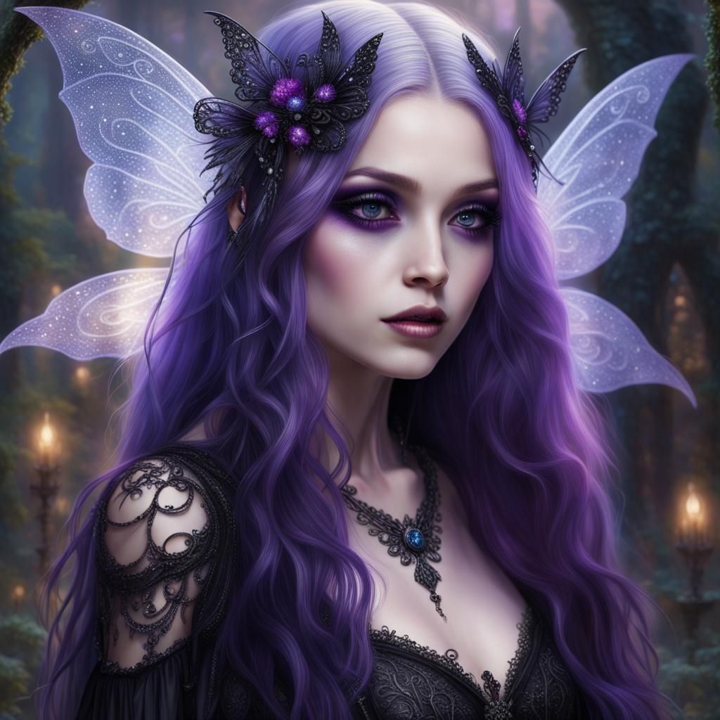 Sparkly shimmery gothic Fairy with long purple hair and purple eyes& purple wing& Black Gothic dress& gothic vibes& ethe...
