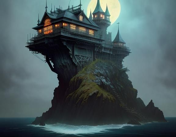 Haunted Island Castle During Typhoon: Dark Fantasy Art