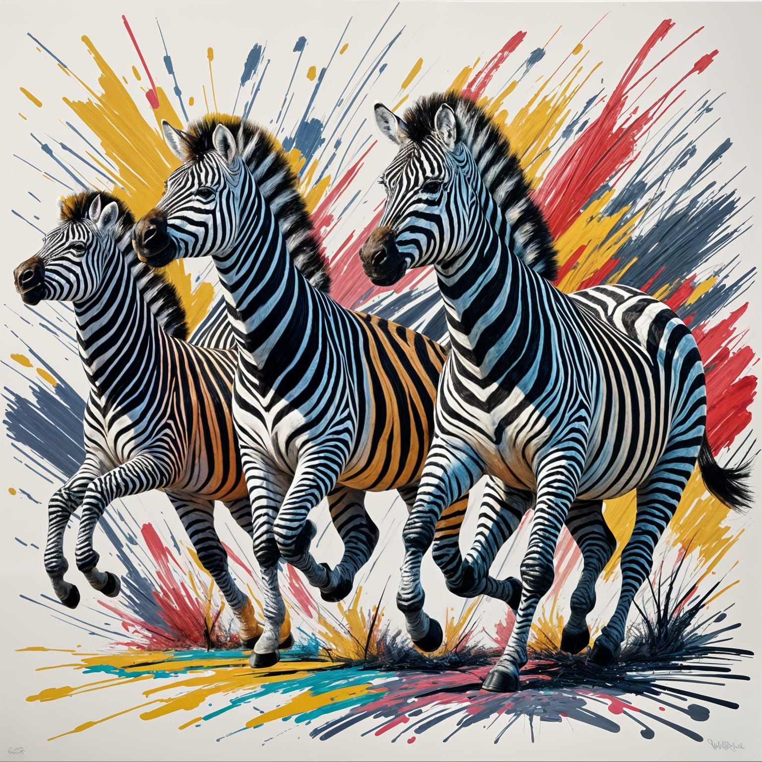 Zebras Leaping in Monochrome Abstract Painting