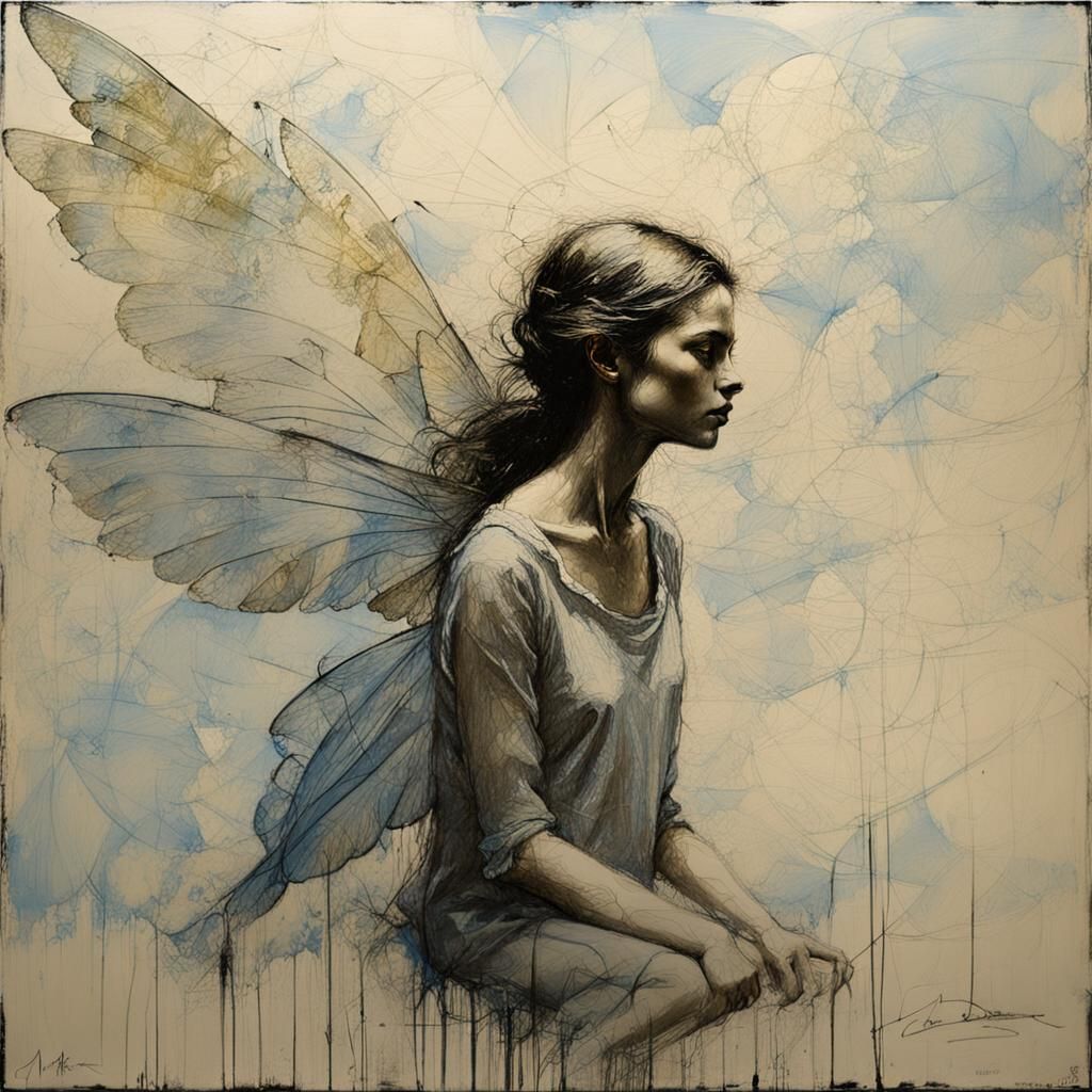 Winged Fairy in Impasto Oil Painting with Etched Overlay