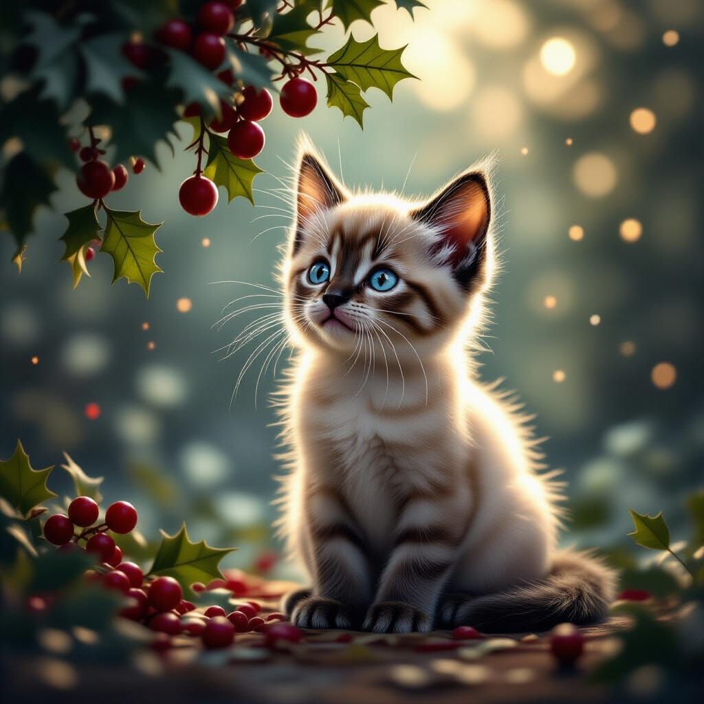 Cute Siamese Kitten Under Mistletoe in Dramatic Lighting