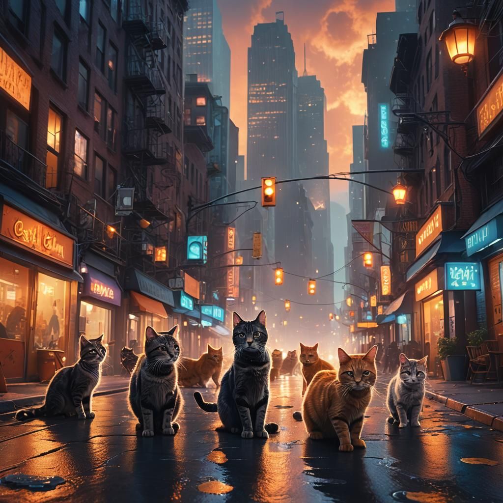 Mystical Cats Explore a Vibrant Cityscape at Dusk