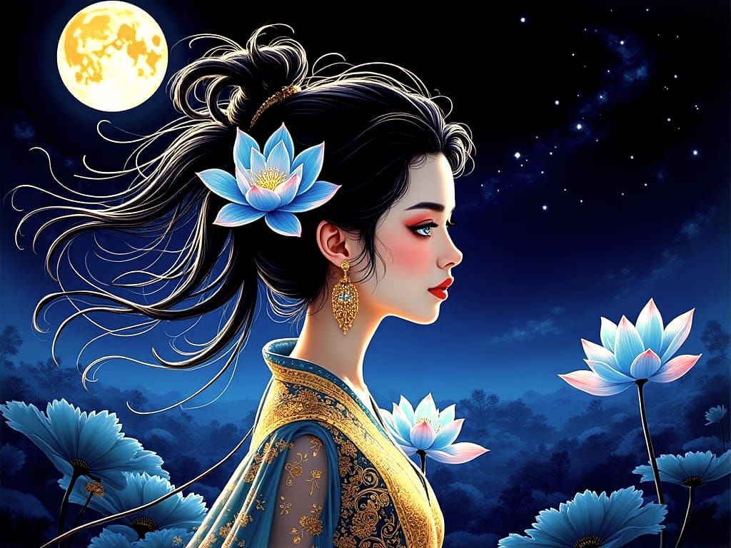 Asian Princess with Lotus Flowers, Matte Painting