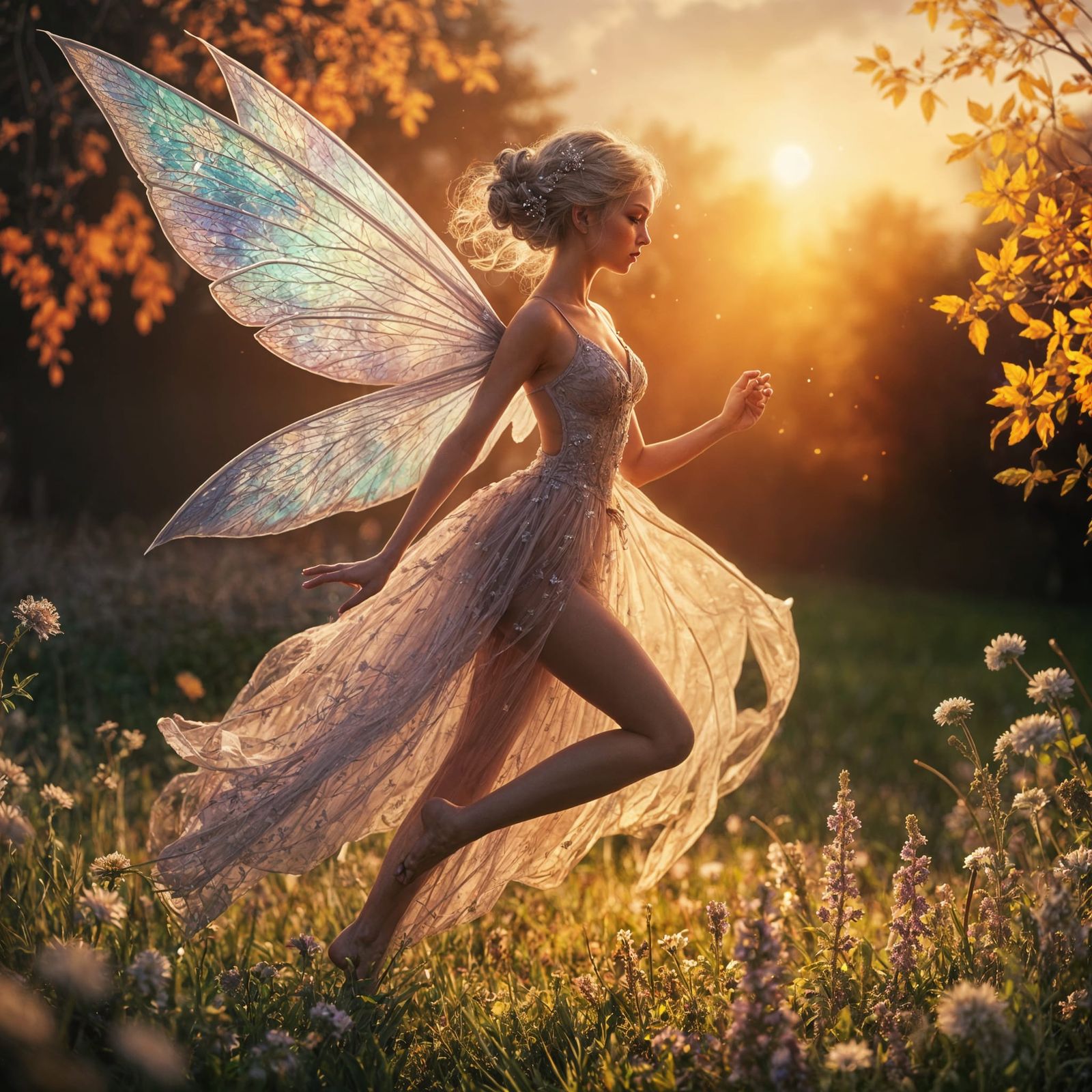 Fairy in Enchanting Sunset Meadow
