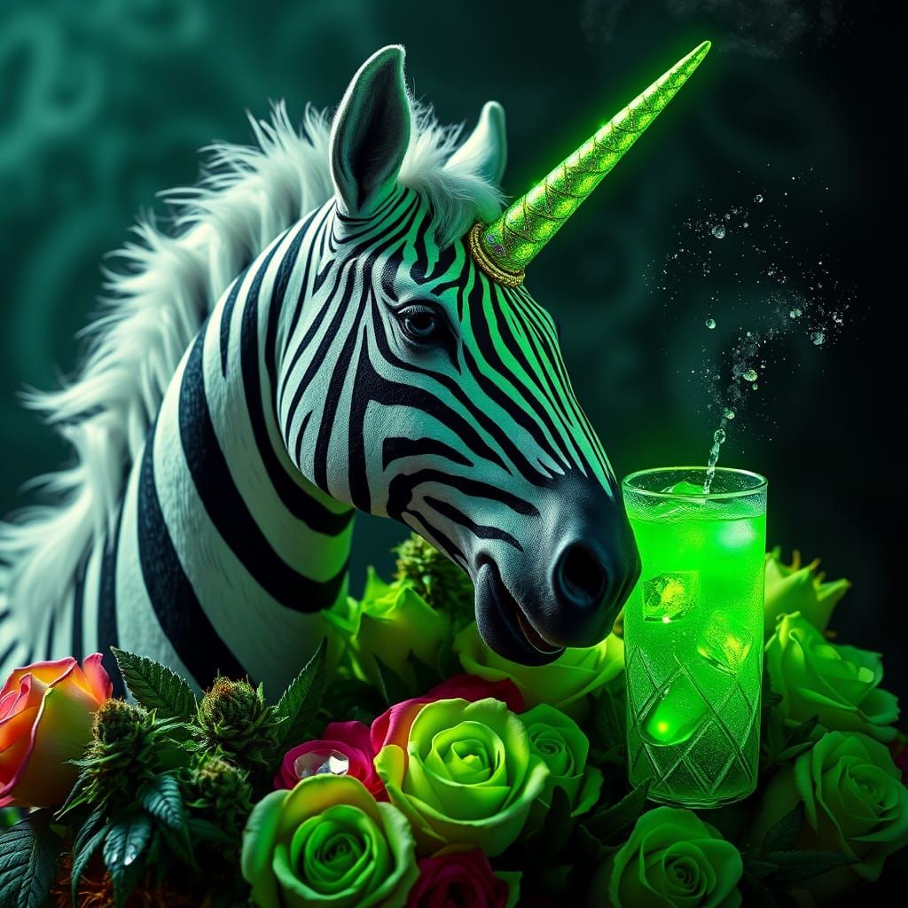 Iridescent Zebra Unicorn in Whimsical Floral Paradise