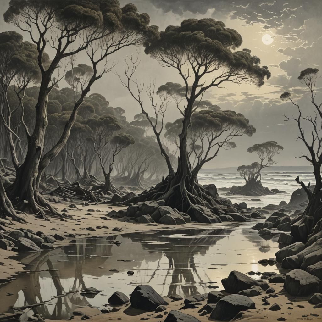 Eerie Beach Rock Pools in Dark Fantasy Style