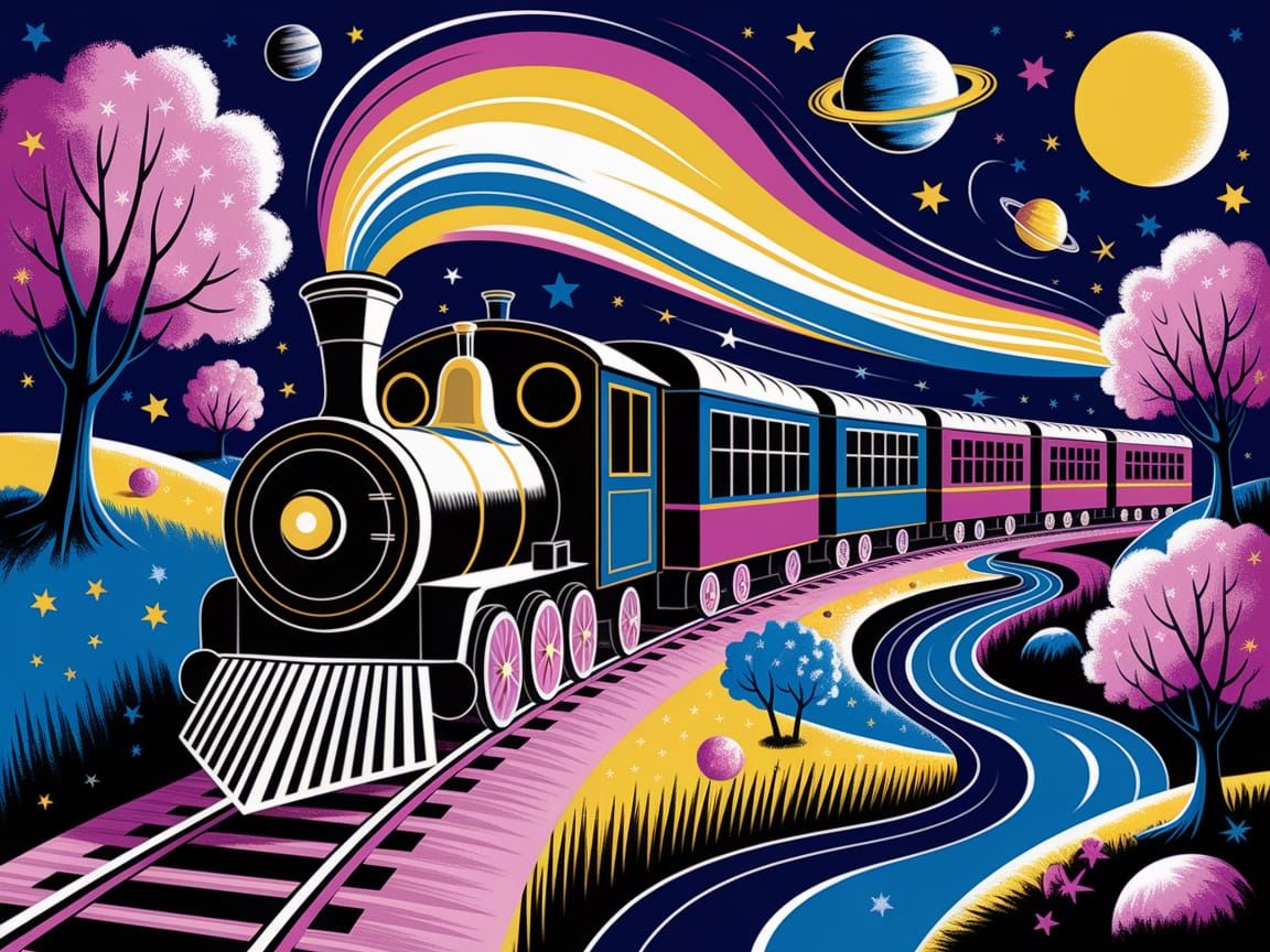 Whimsical Train Journey Through Starry Night Sky