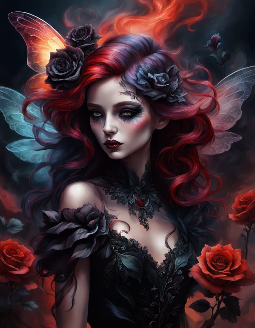 Fairy in Black Gown with Red Hair, Hyperrealistic Art