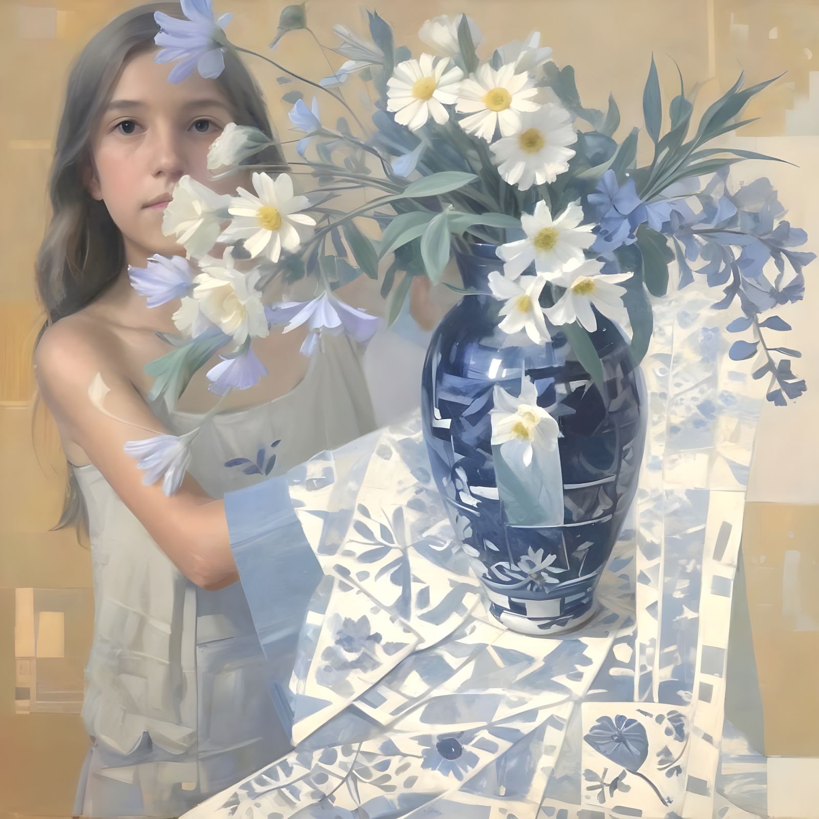 Girl Arranging Still Life in Impressionist Style