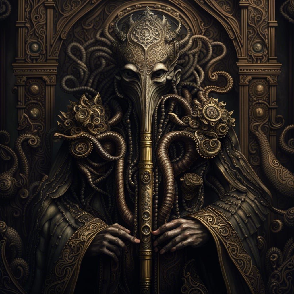 Lovecraftian God with Flutes in Steampunk Style