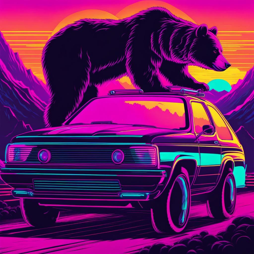 Scary Bear in Synthwave Neon Retro Style