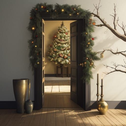 Surreal Christmas Tree in Dreamlike Doorway Scene