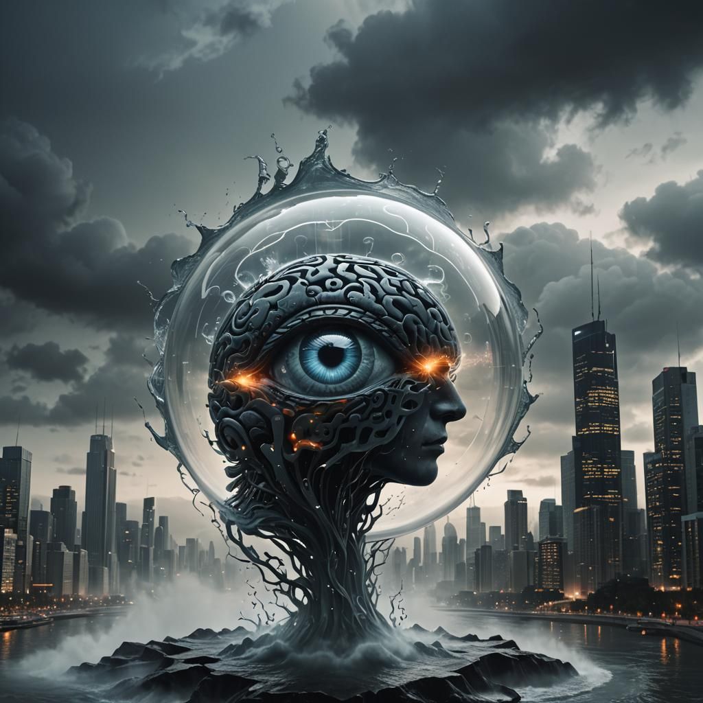 Glass 'A' with Brain and Eye in Dark Sci-Fi Cityscape