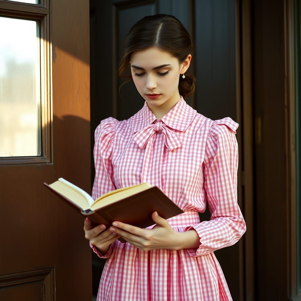 Victorian-Era Schoolgirl in Pink Gingham Pinafore