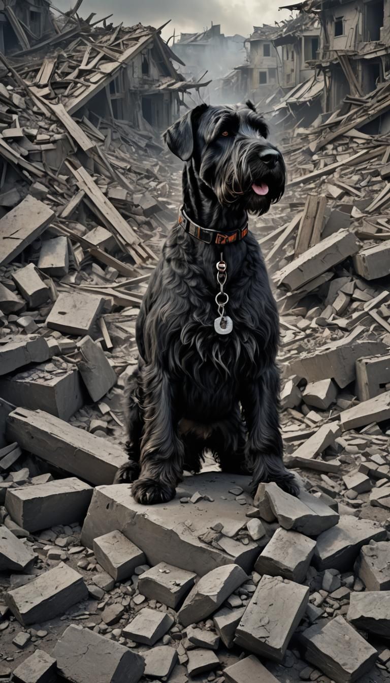 Giant Schnauzer Rescue Dog in Rubble: Cinematic Digital Art