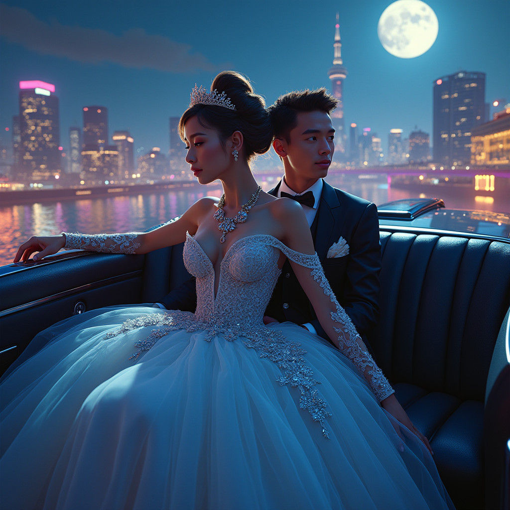 Couple in Limousine in Futuristic Cityscape