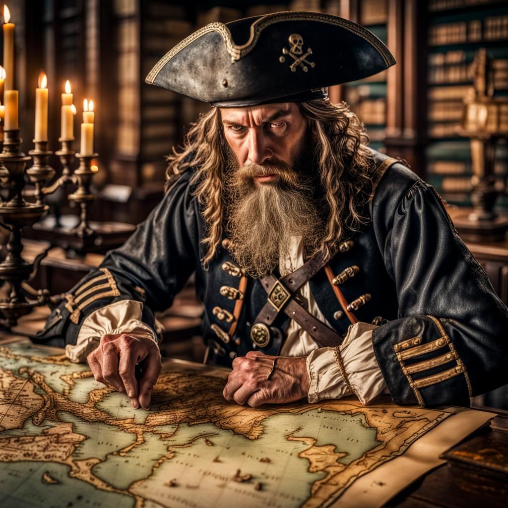 PIRATE CAPTAIN LOOKING AT A MAP