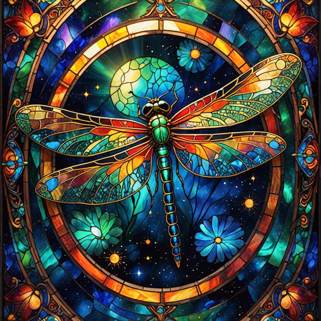 Vibrant Dragonfly Illuminated in Cosmic Stained Glass