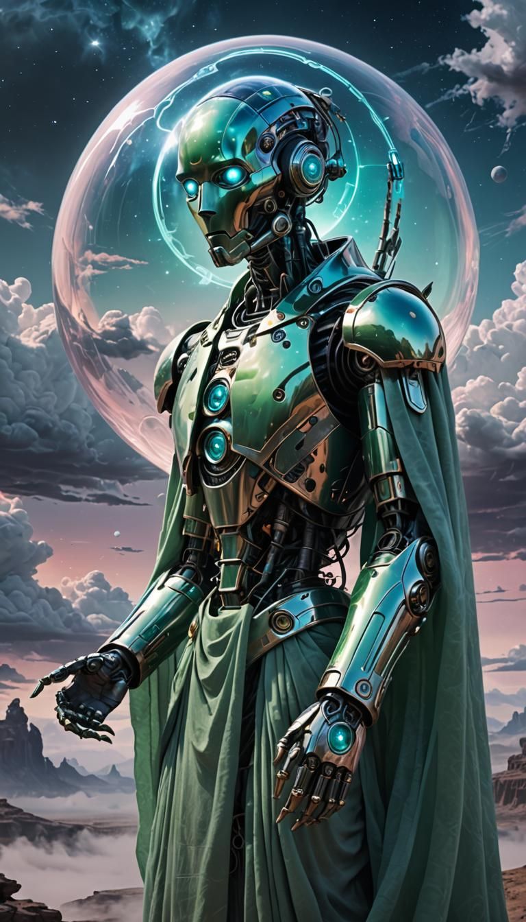 Cybernetic Droid Sage in Quiet Contemplation