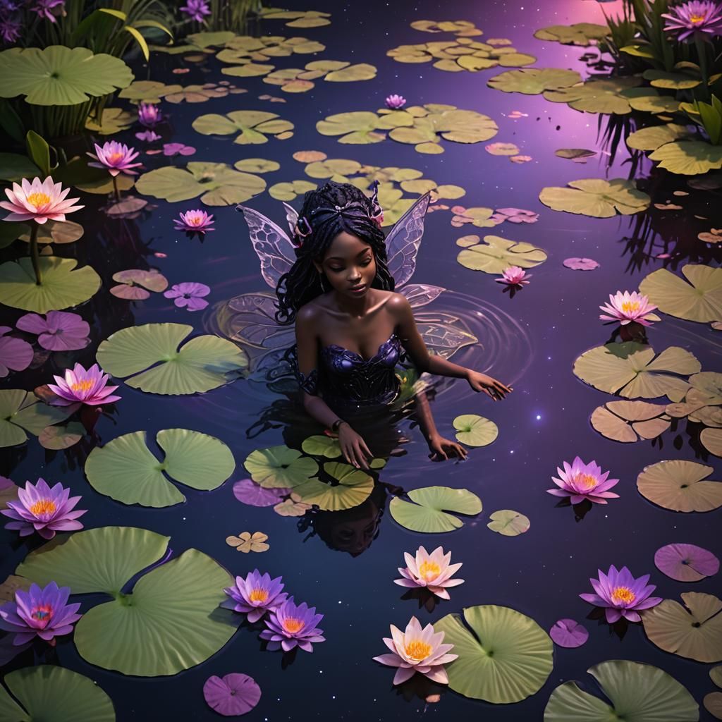 Black Fairy Gazing at Stars in Mystical Garden