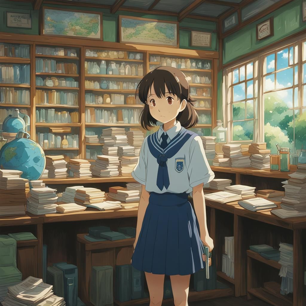Schoolgirl in Uniform: Ghibli-esque Anime Art