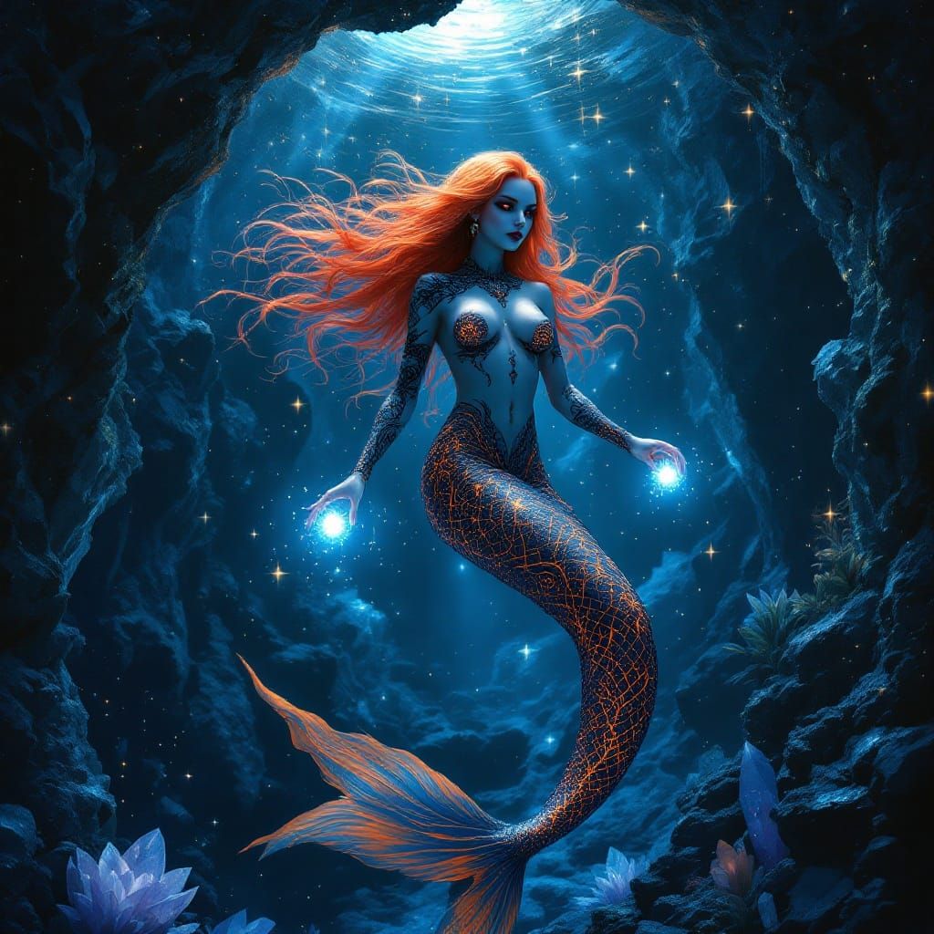 Gothic Mermaid in Crystal Grotto, Art Nouveau Style