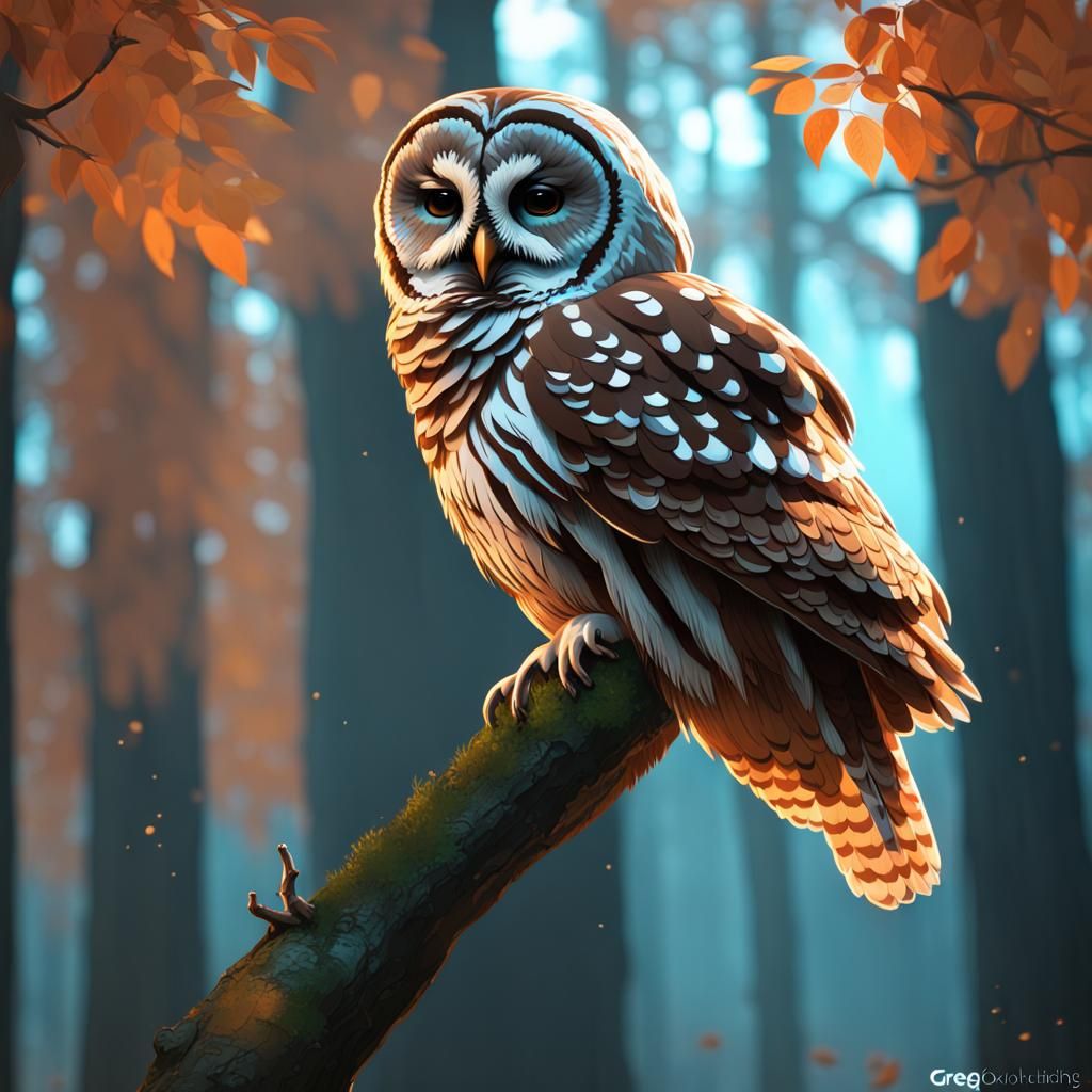 Barred Owl Concept Art in Orange and Teal