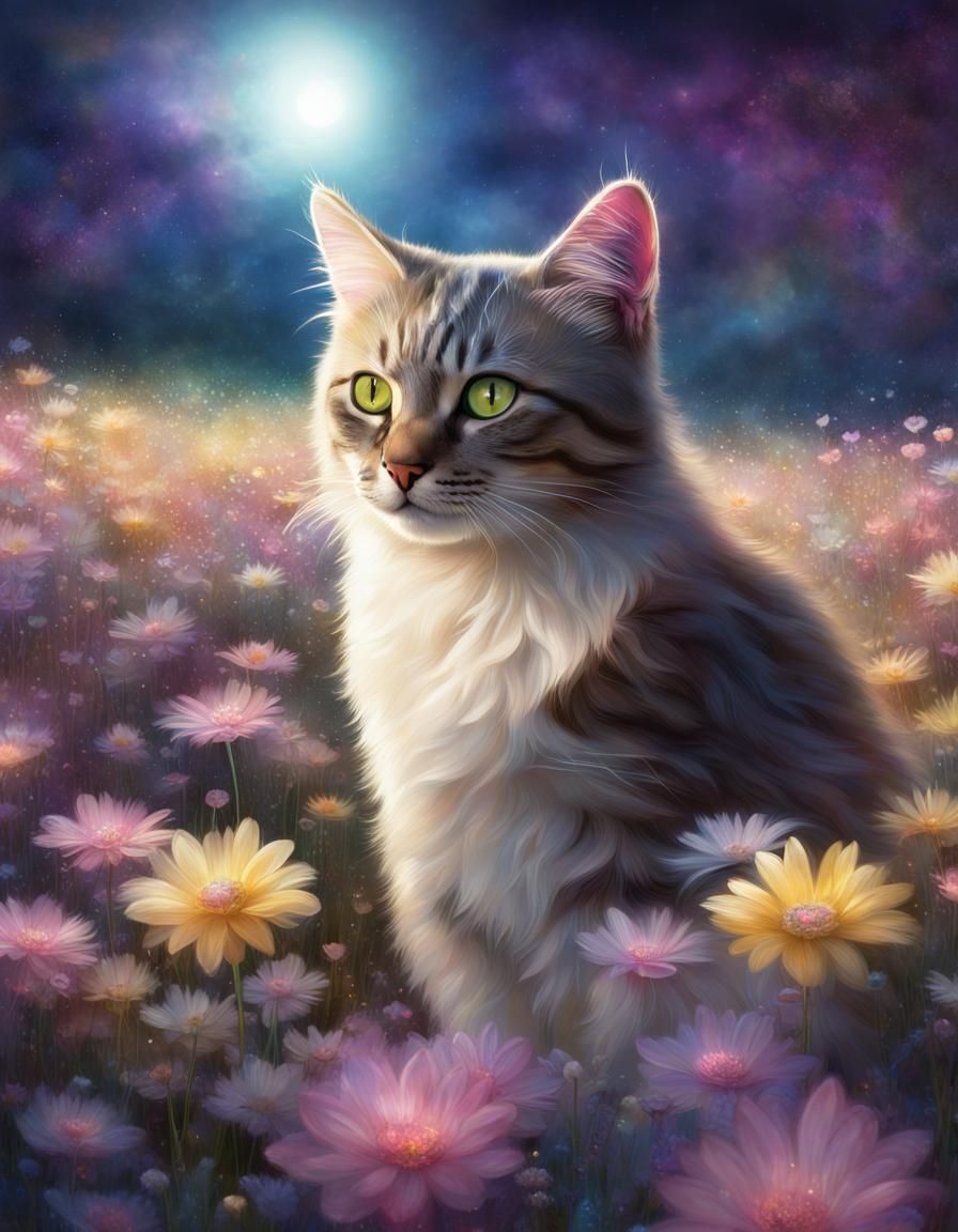 Cat in Flower Field with Galaxy Colors